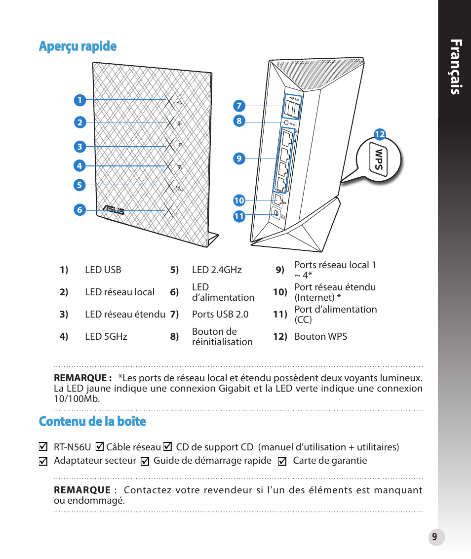 Franç ais, Aperçu rapide, Contenu de la boîte | Asus RT-N56U User Manual | Page 9 / 152