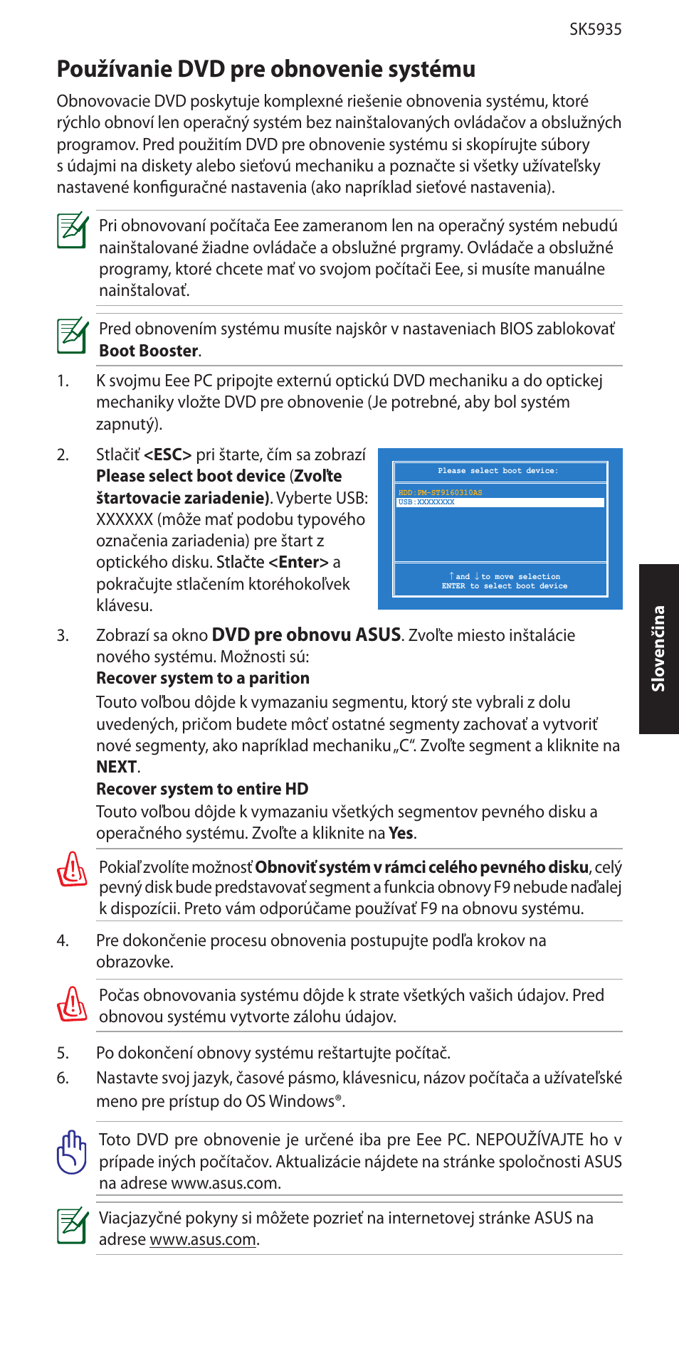 Používanie dvd pre obnovenie systému, Dvd pre obnovu asus | Asus Eee PC 1005P User Manual | Page 13 / 32