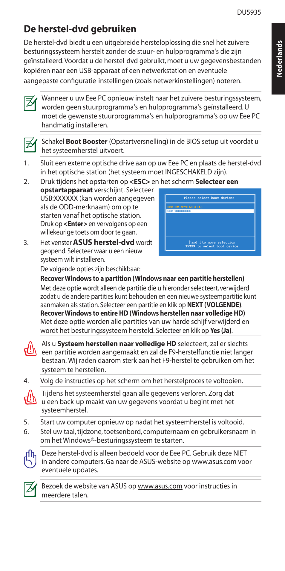 De herstel-dvd gebruiken, Asus herstel-dvd | Asus Eee PC 1005P User Manual | Page 17 / 32