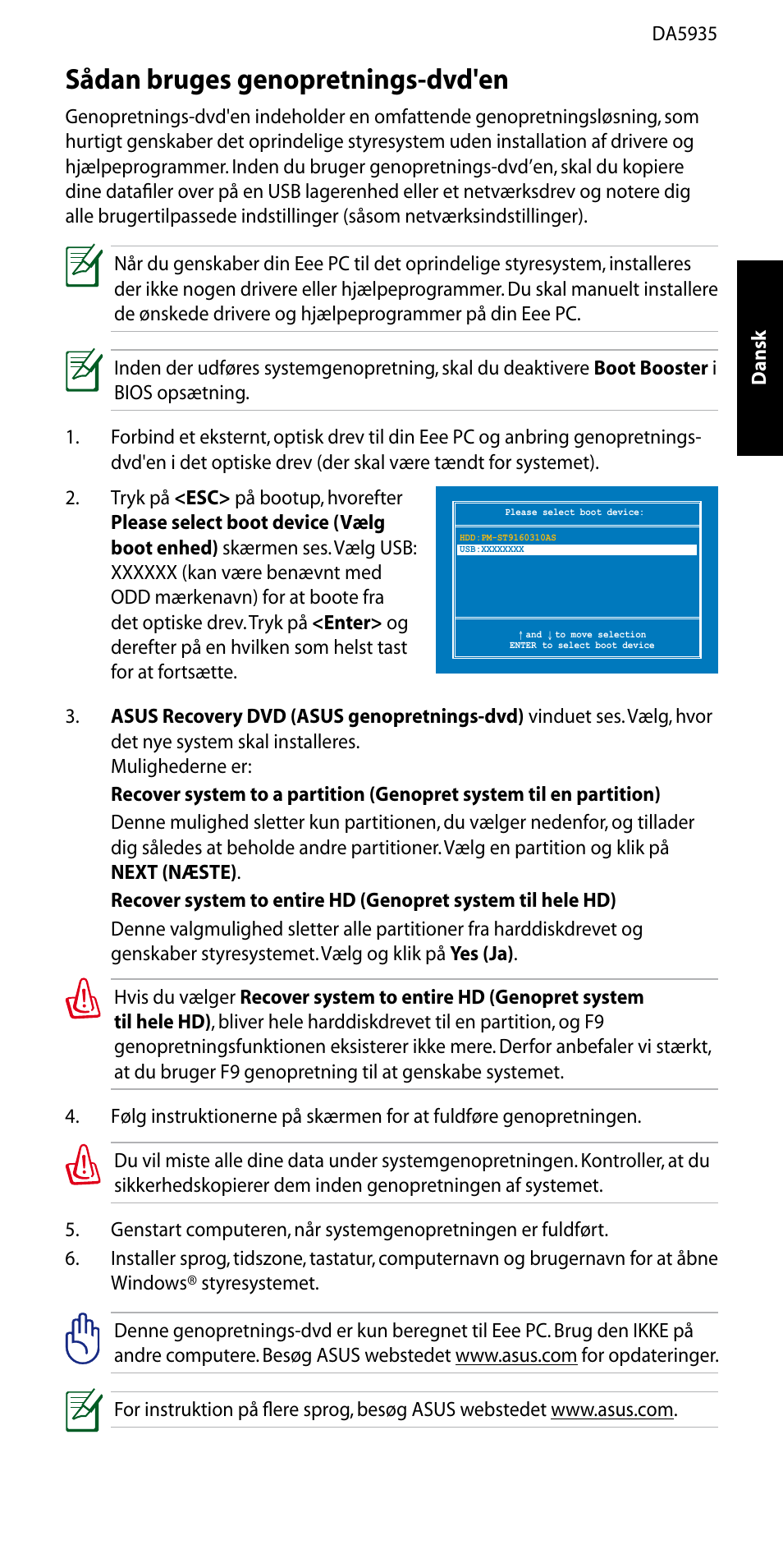 Sådan bruges genopretnings-dvd'en | Asus Eee PC 1005P User Manual | Page 18 / 32