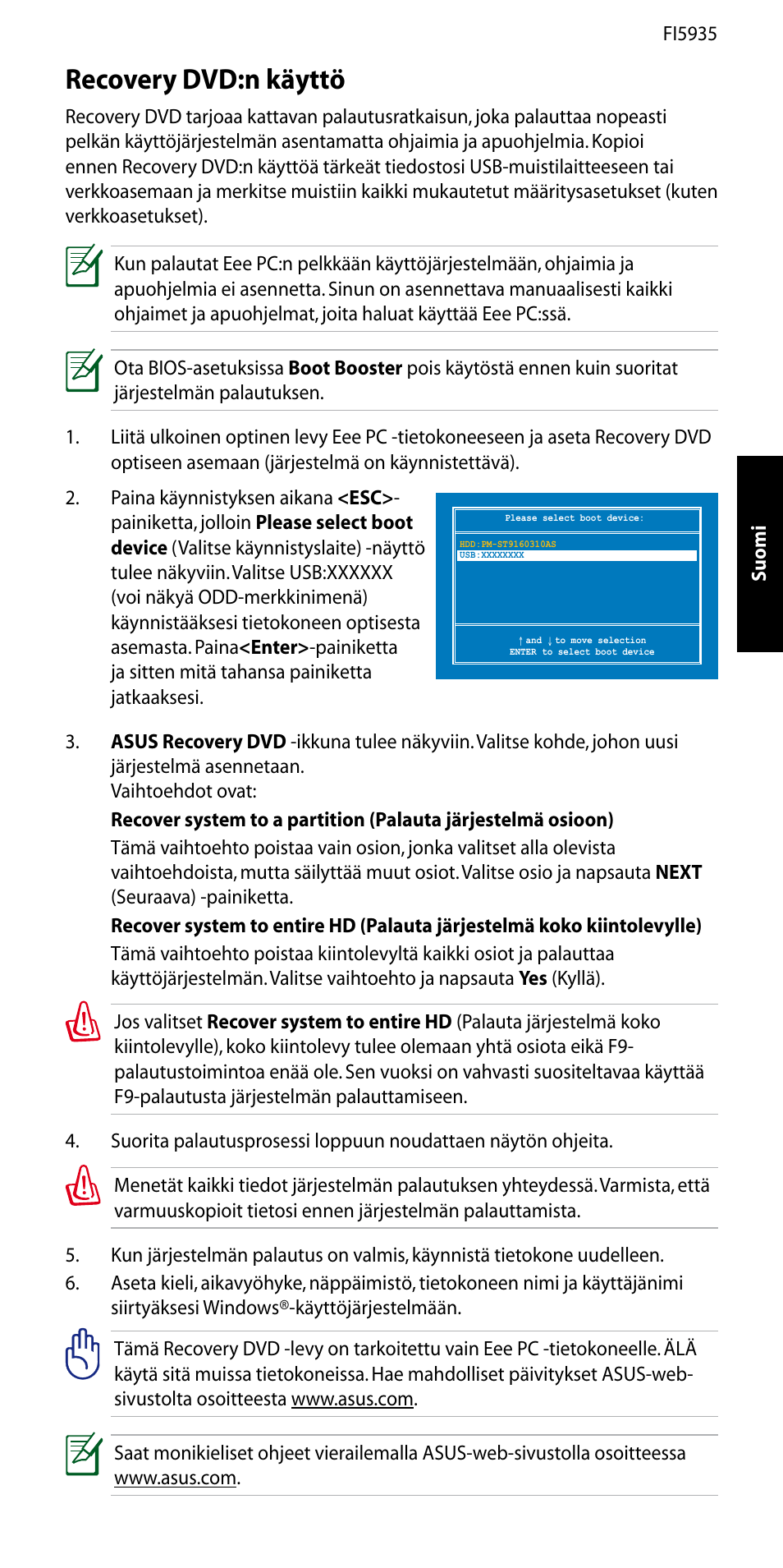 Recovery dvd:n käyttö | Asus Eee PC 1005P User Manual | Page 19 / 32