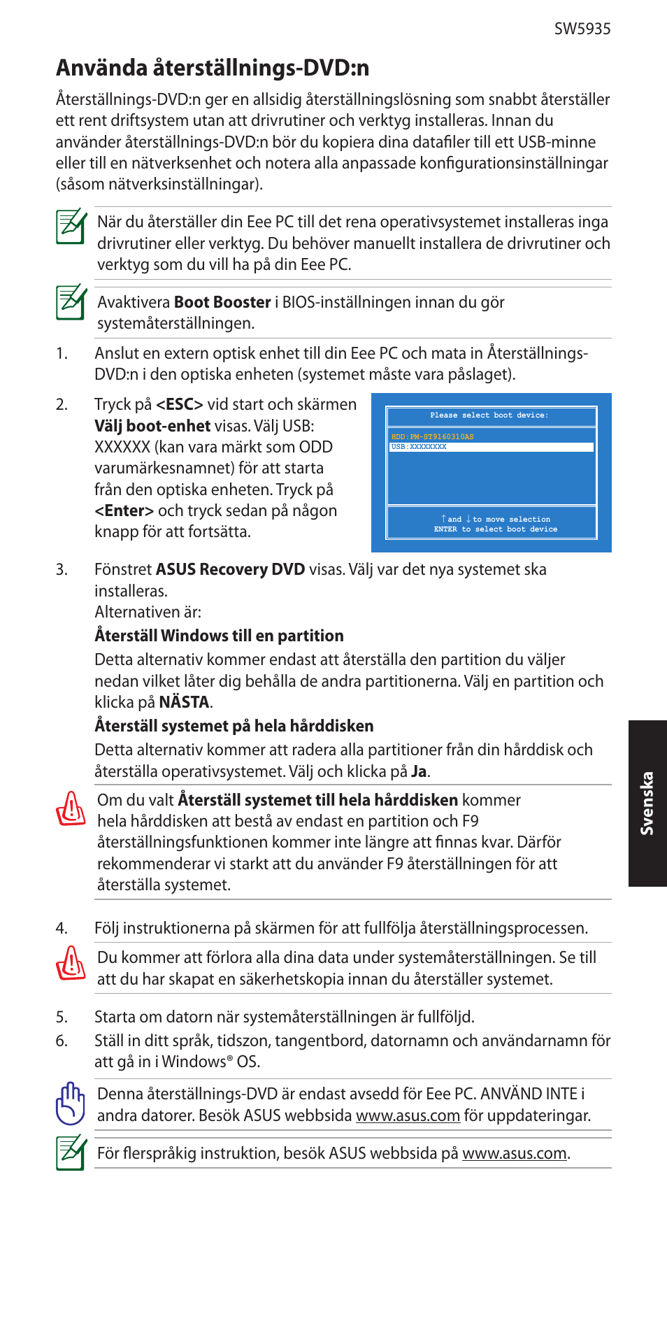 Använda återställnings-dvd:n | Asus Eee PC 1005P User Manual | Page 21 / 32