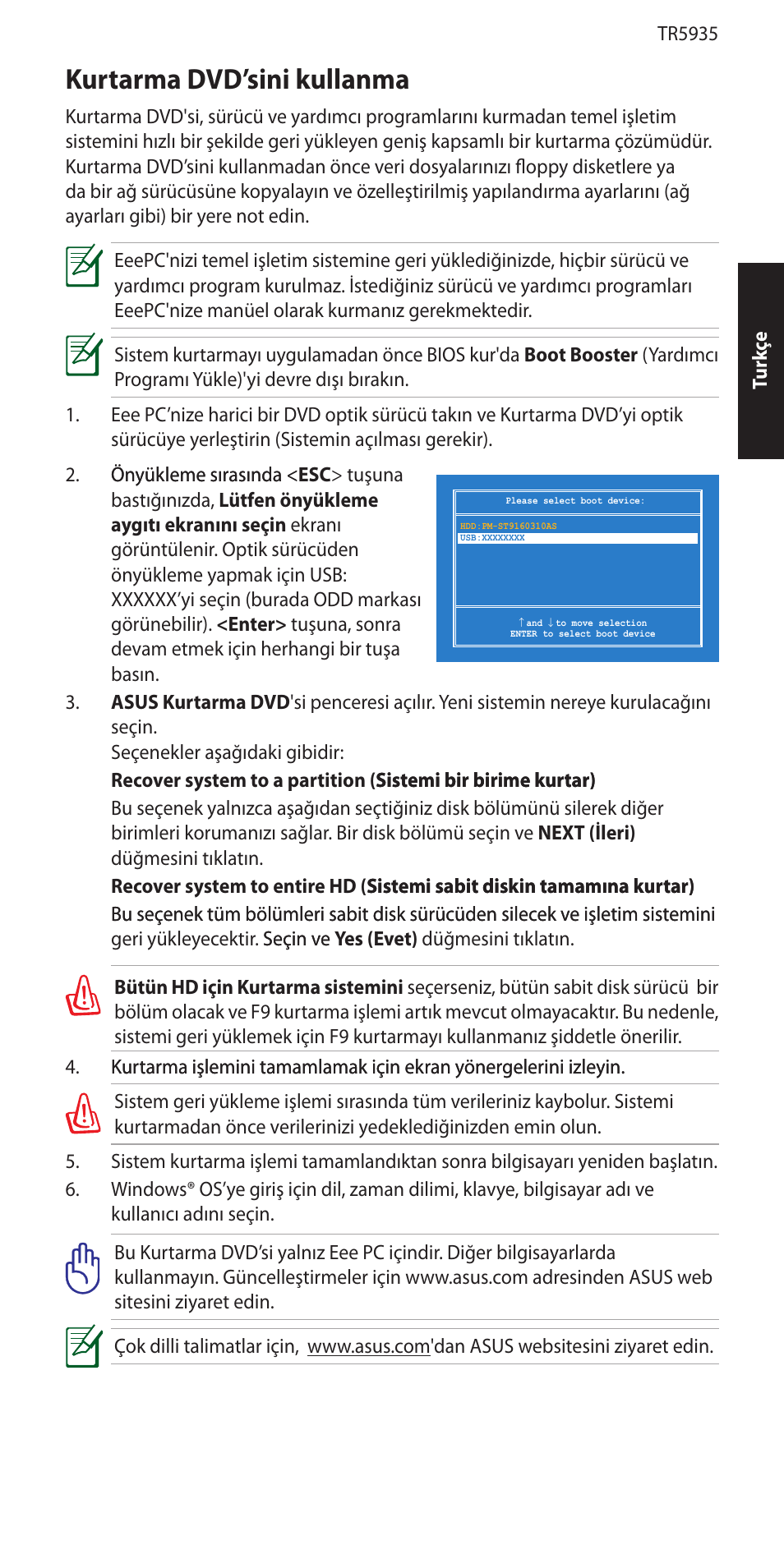 Kurtarma dvd’sini kullanma | Asus Eee PC 1005P User Manual | Page 25 / 32