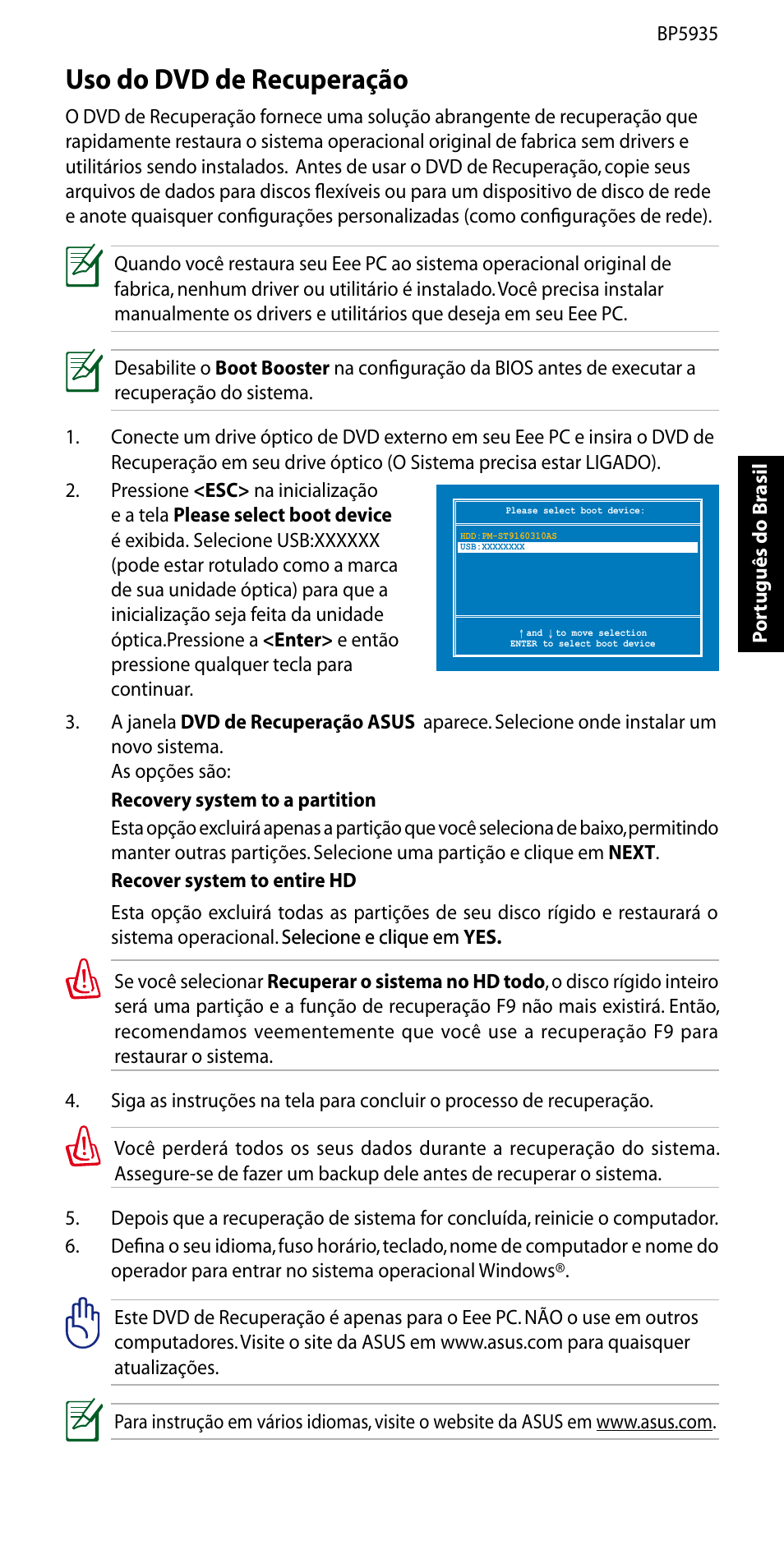 Uso do dvd de recuperação | Asus Eee PC 1005P User Manual | Page 26 / 32