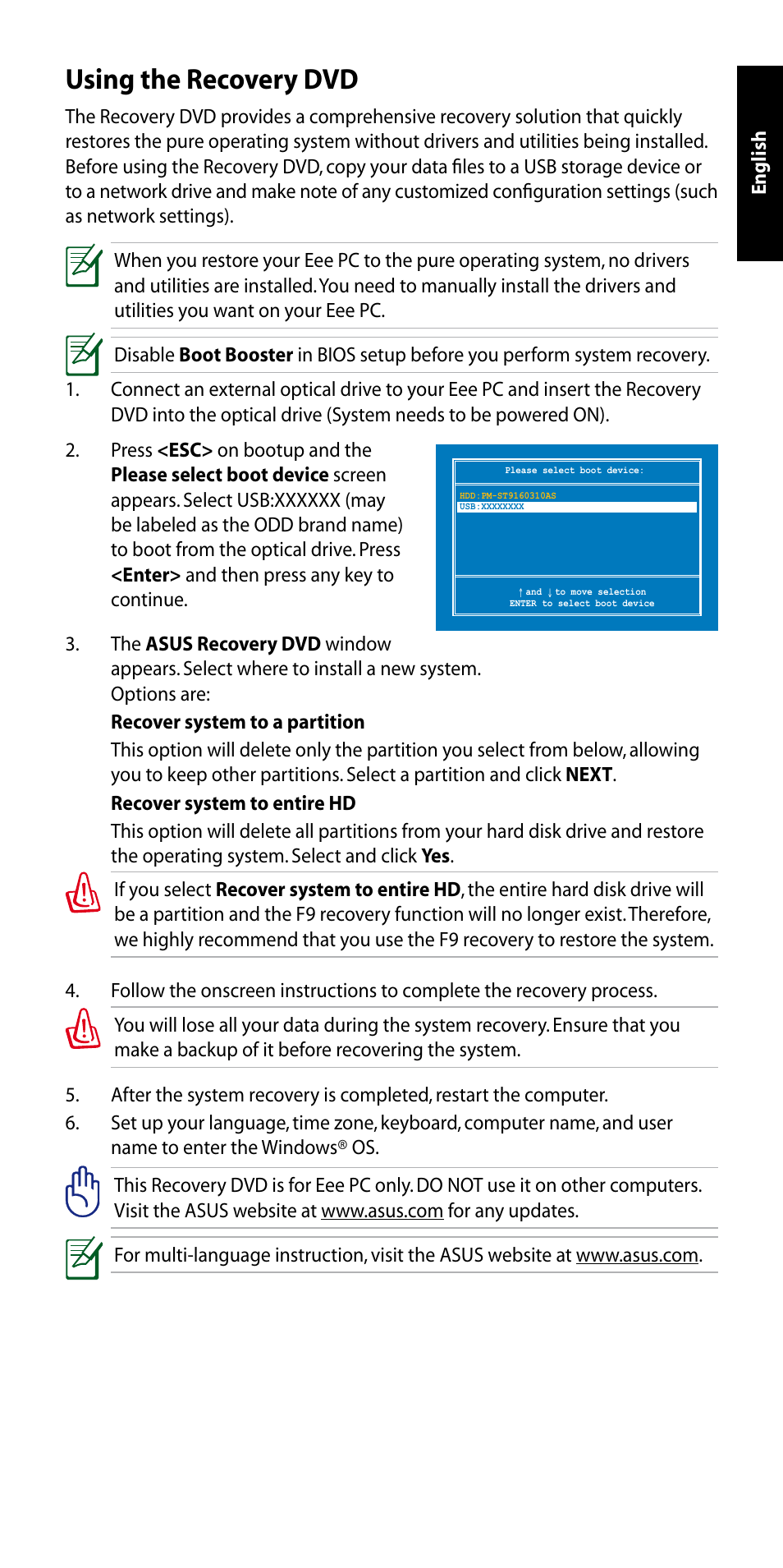 Using the recovery dvd | Asus Eee PC 1005P User Manual | Page 3 / 32