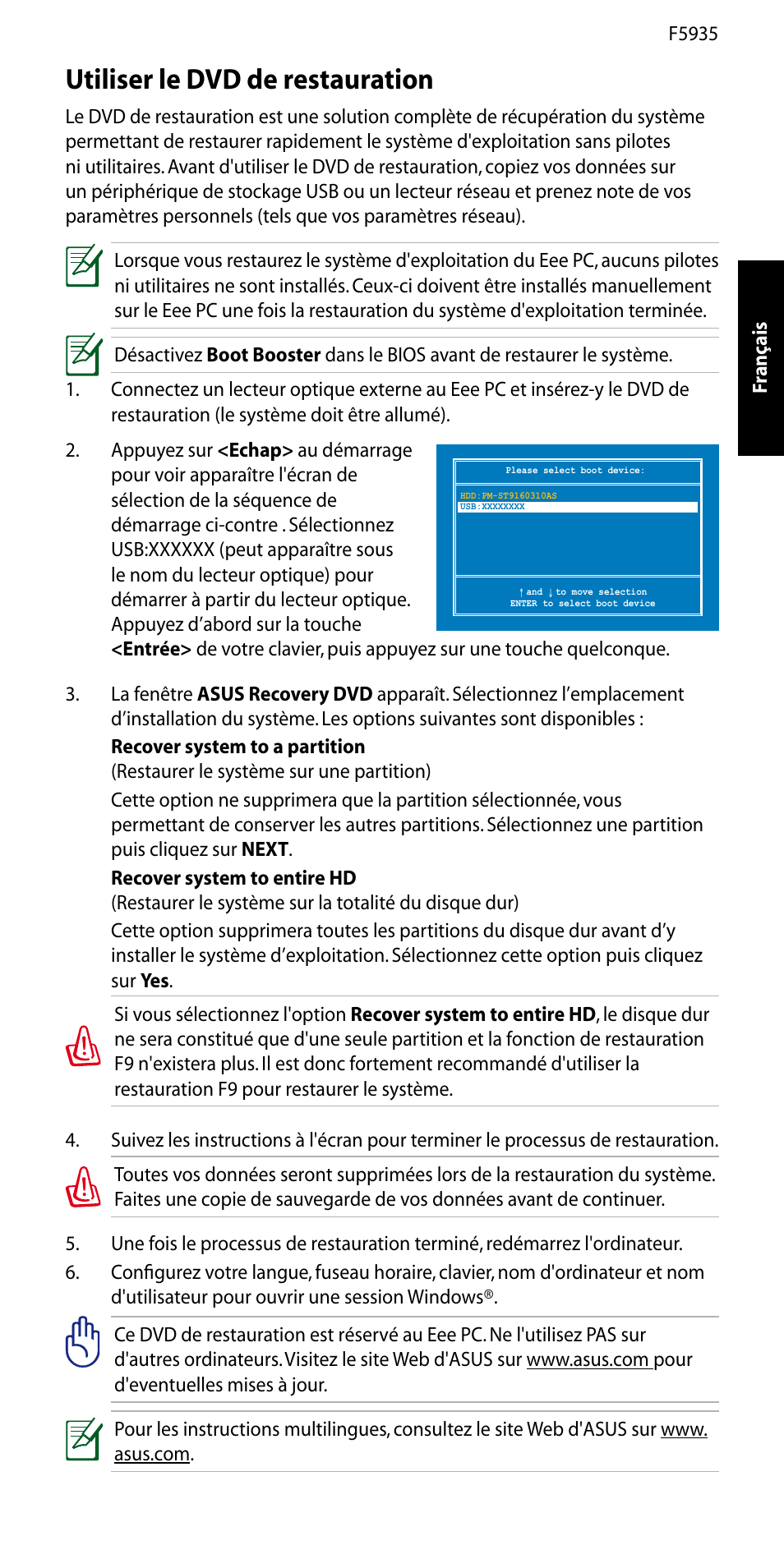 Utiliser le dvd de restauration | Asus Eee PC 1005P User Manual | Page 4 / 32