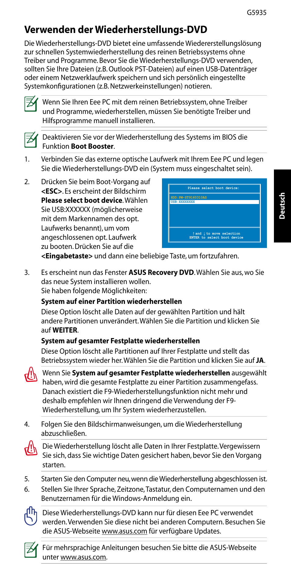 Verwenden der wiederherstellungs-dvd | Asus Eee PC 1005P User Manual | Page 5 / 32