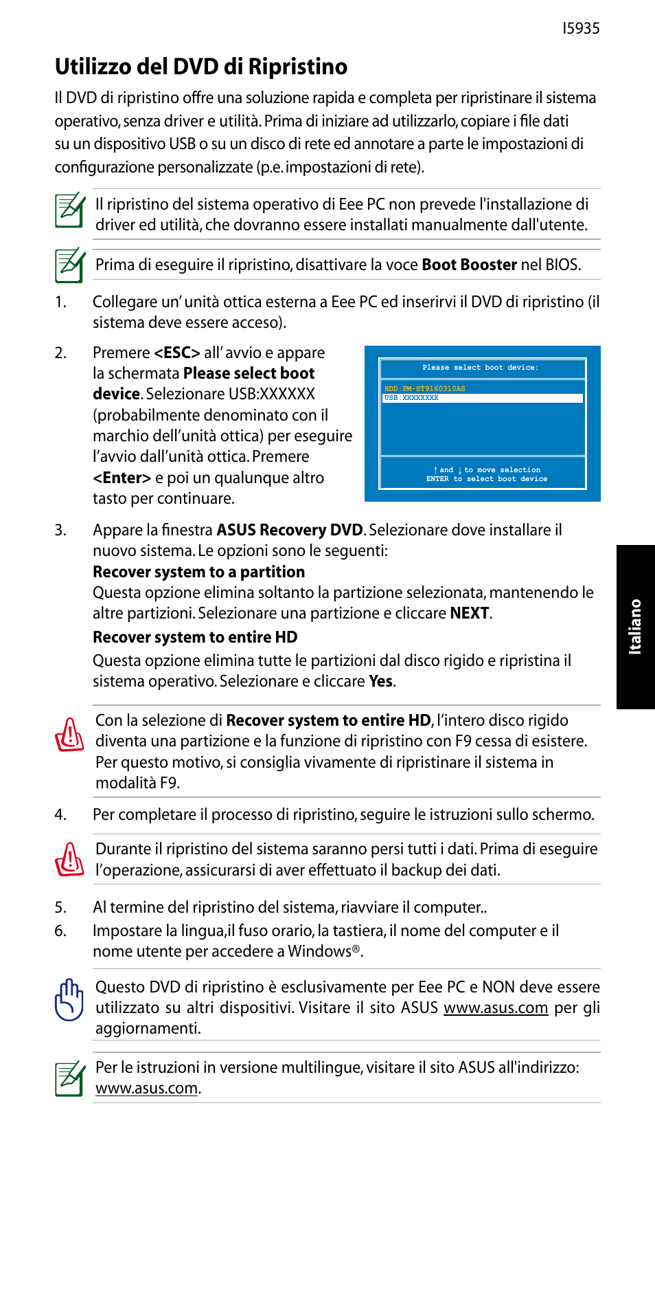 Utilizzo del dvd di ripristino | Asus Eee PC 1005P User Manual | Page 6 / 32