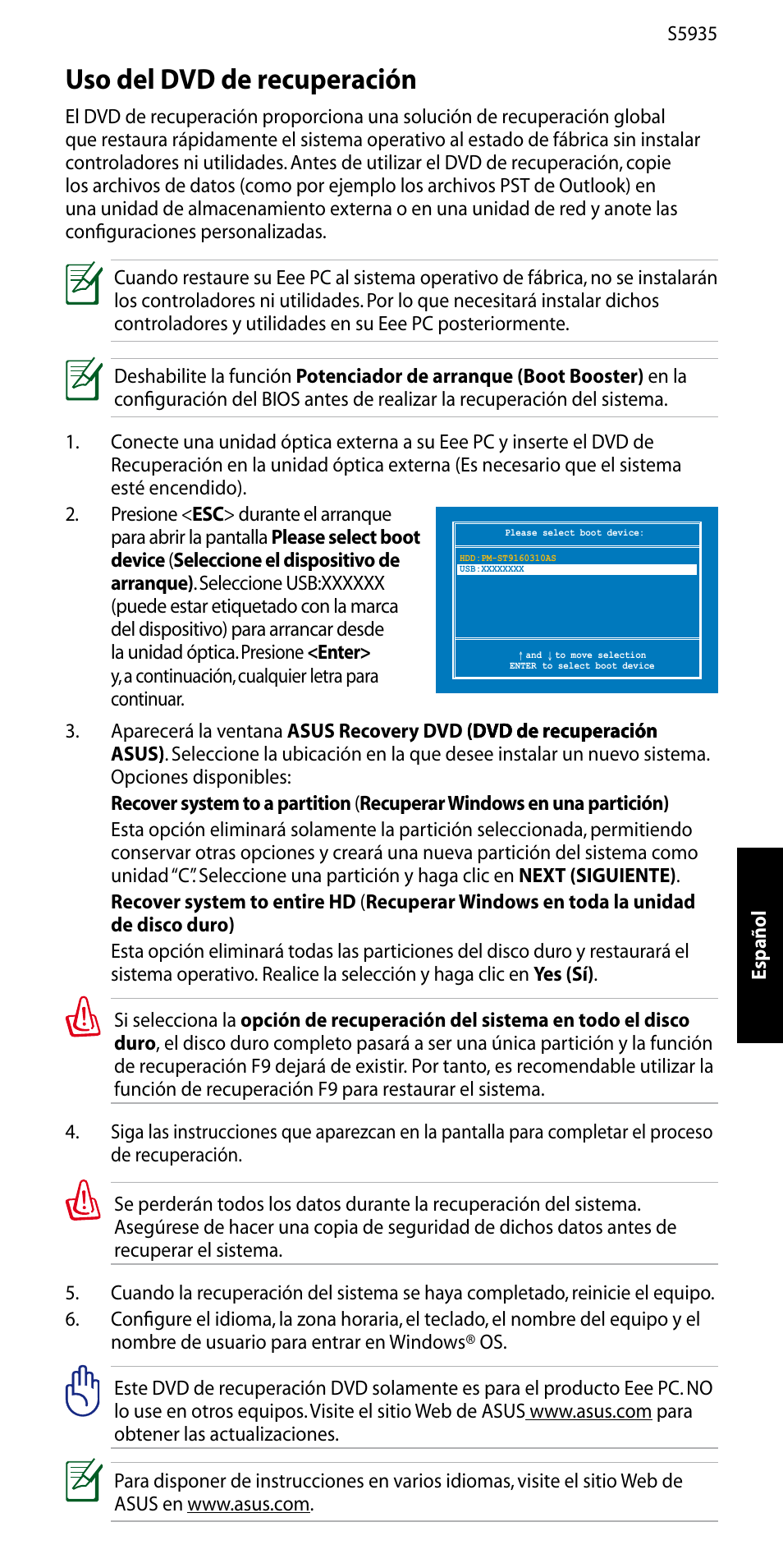 Uso del dvd de recuperación | Asus Eee PC 1005P User Manual | Page 7 / 32