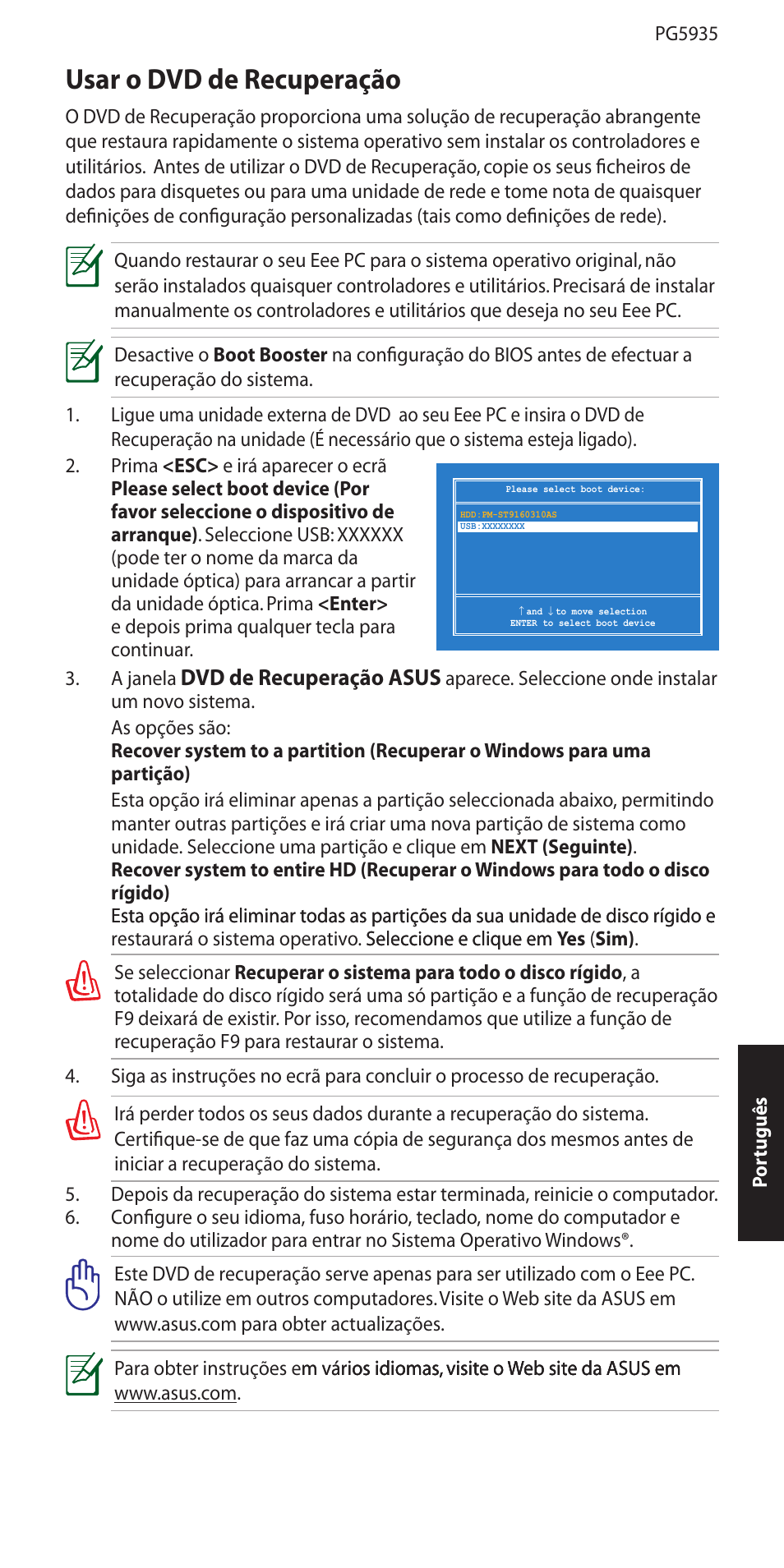 Usar o dvd de recuperação, Dvd de recuperação asus | Asus Eee PC 1005P User Manual | Page 8 / 32