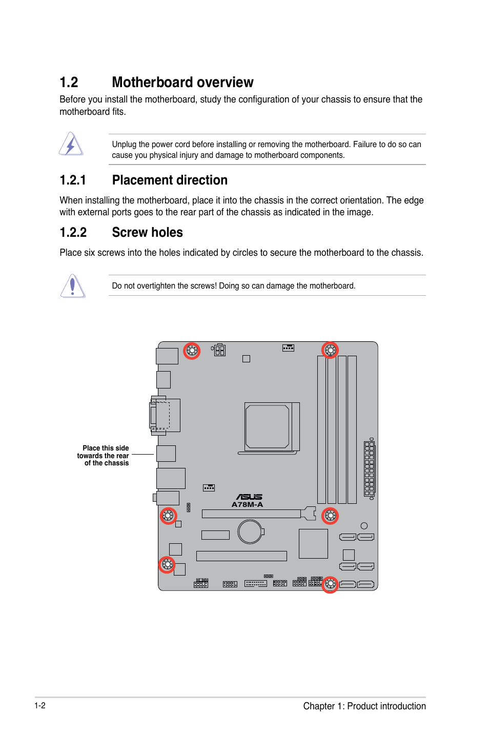 2 motherboard overview, Motherboard overview -2, 1 placement direction | 2 screw holes | Asus A78M-A User Manual | Page 10 / 70