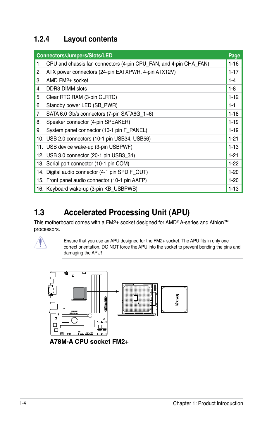 3 accelerated processing unit (apu), Accelerated processing unit (apu) -4, 4 layout contents | Asus A78M-A User Manual | Page 12 / 70