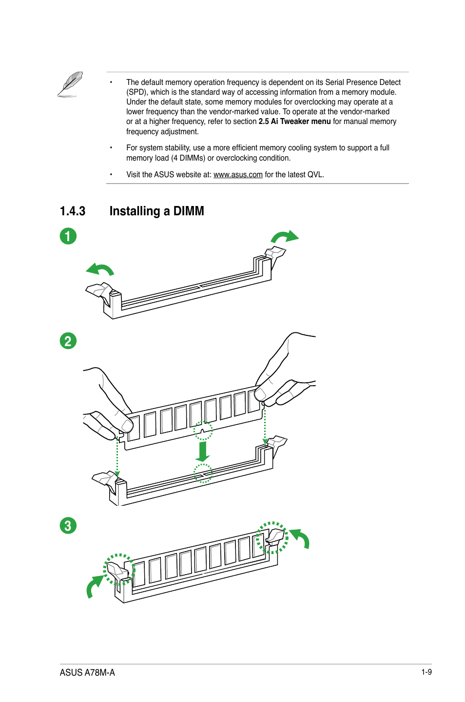 3 installing a dimm | Asus A78M-A User Manual | Page 17 / 70