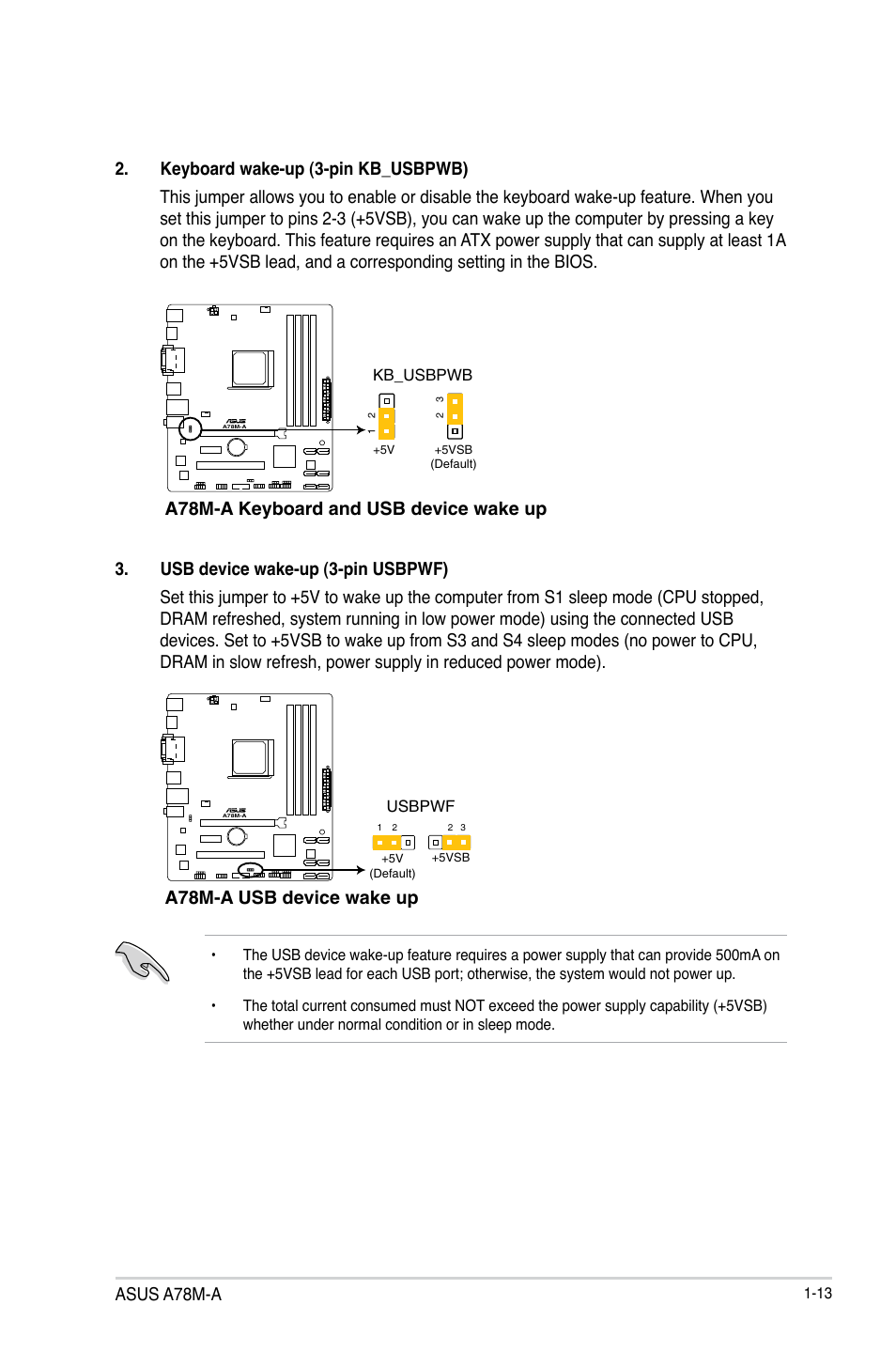 Asus a78m-a, A78m-a keyboard and usb device wake up, A78m-a usb device wake up | Asus A78M-A User Manual | Page 21 / 70