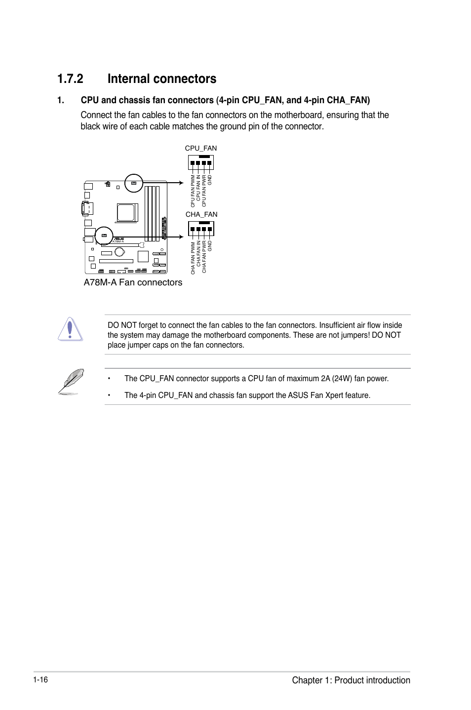 2 internal connectors, Chapter 1: product introduction, A78m-a fan connectors | Asus A78M-A User Manual | Page 24 / 70