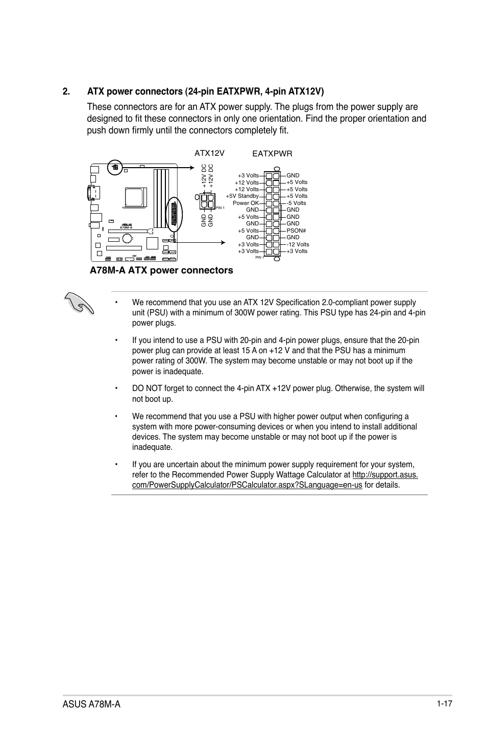 Asus a78m-a, A78m-a atx power connectors | Asus A78M-A User Manual | Page 25 / 70