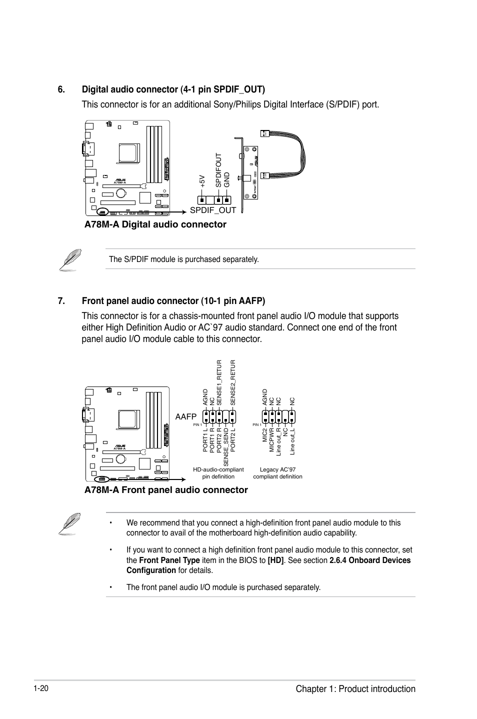 A78m-a digital audio connector, A78m-a front panel audio connector | Asus A78M-A User Manual | Page 28 / 70