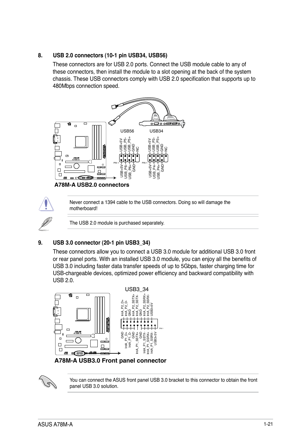 Asus a78m-a, A78m-a usb3.0 front panel connector, A78m-a usb2.0 connectors | Usb3_34 | Asus A78M-A User Manual | Page 29 / 70