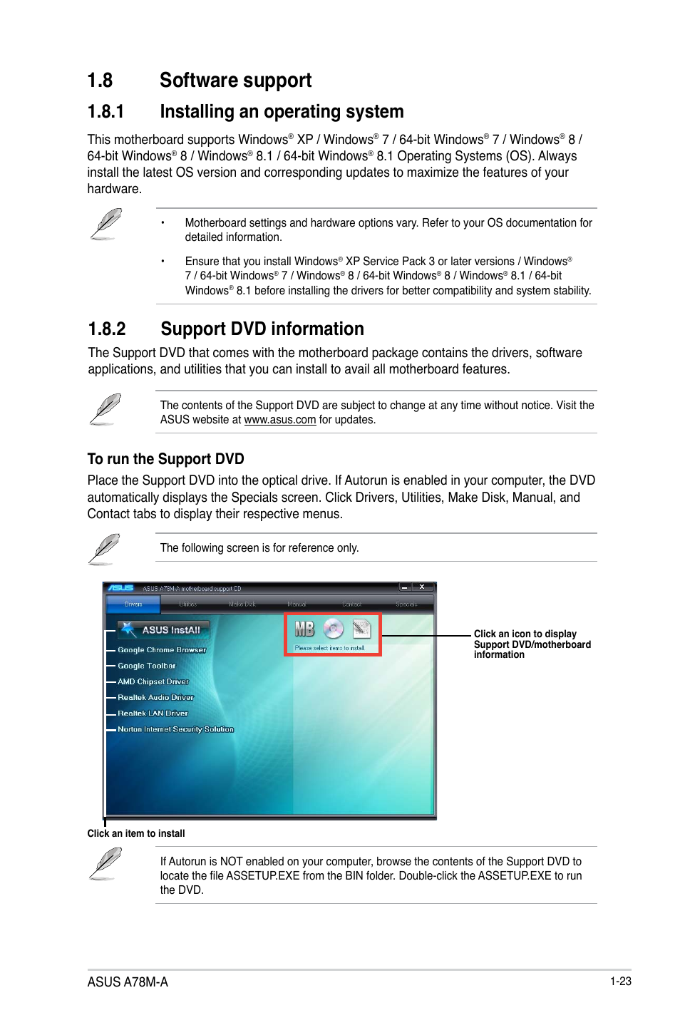 8 software support, Software support -23, 2 support dvd information | 1 installing an operating system | Asus A78M-A User Manual | Page 31 / 70