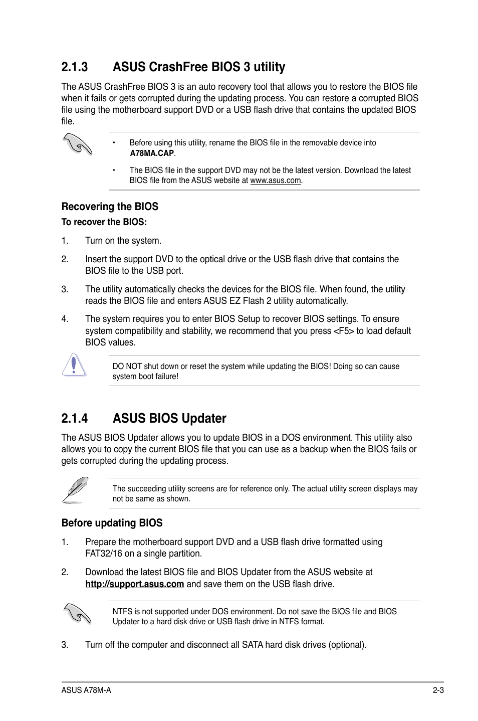 3 asus crashfree bios 3 utility, 4 asus bios updater | Asus A78M-A User Manual | Page 35 / 70