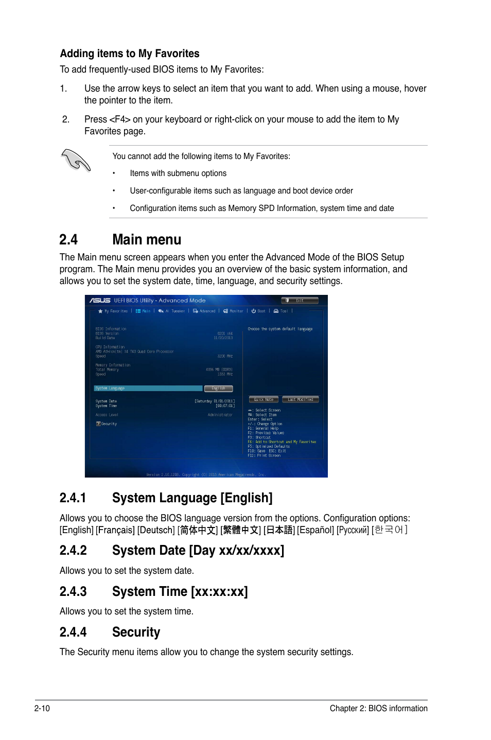 4 main menu, Main menu -10, 1 system language [english | 3 system time [xx:xx:xx, 4 security | Asus A78M-A User Manual | Page 42 / 70