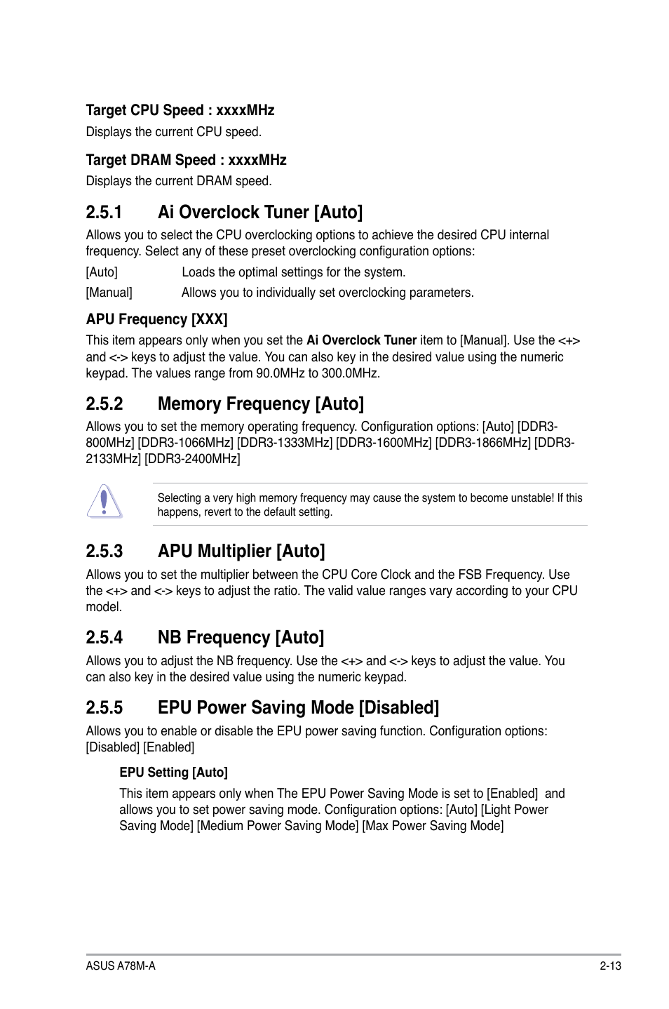 1 ai overclock tuner [auto, 3 apu multiplier [auto, 4 nb frequency [auto | 5 epu power saving mode [disabled | Asus A78M-A User Manual | Page 45 / 70
