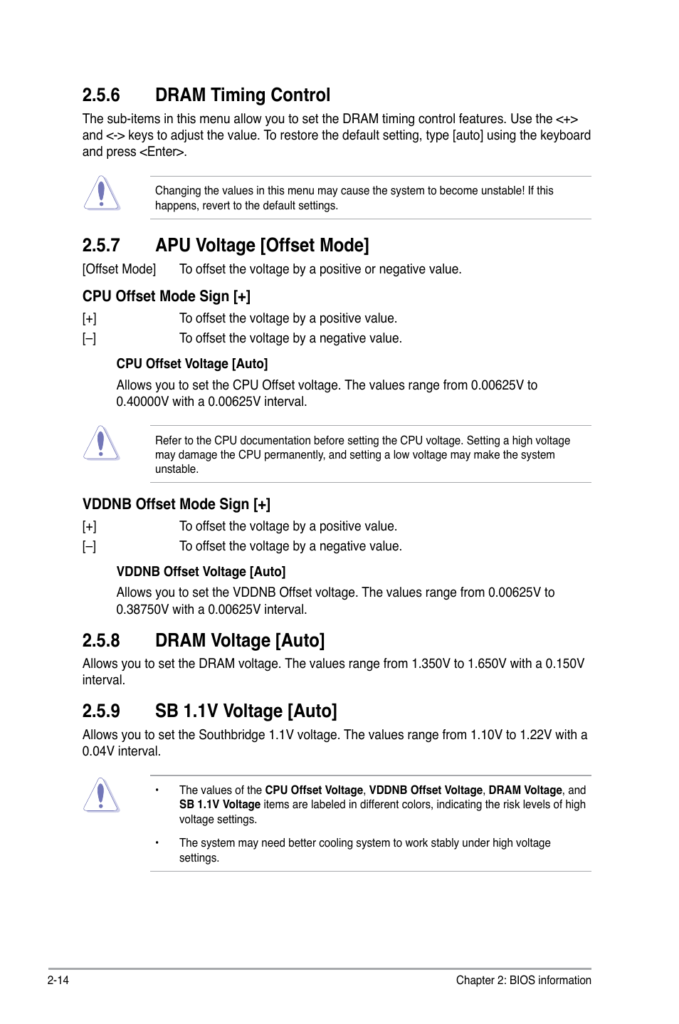 6 dram timing control, 7 apu voltage [offset mode, 8 dram voltage [auto | 9 sb 1.1v voltage [auto | Asus A78M-A User Manual | Page 46 / 70