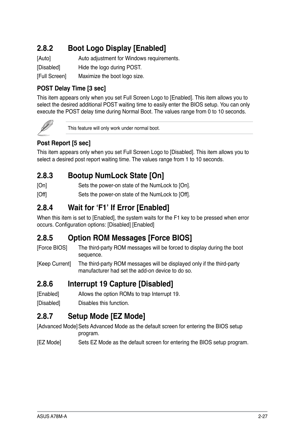 2 boot logo display [enabled, 3 bootup numlock state [on, 4 wait for ‘f1’ if error [enabled | 5 option rom messages [force bios, 6 interrupt 19 capture [disabled, 7 setup mode [ez mode | Asus A78M-A User Manual | Page 59 / 70