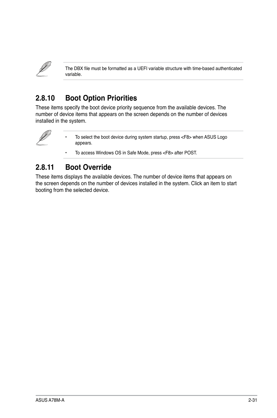 10 boot option priorities, 11 boot override | Asus A78M-A User Manual | Page 63 / 70