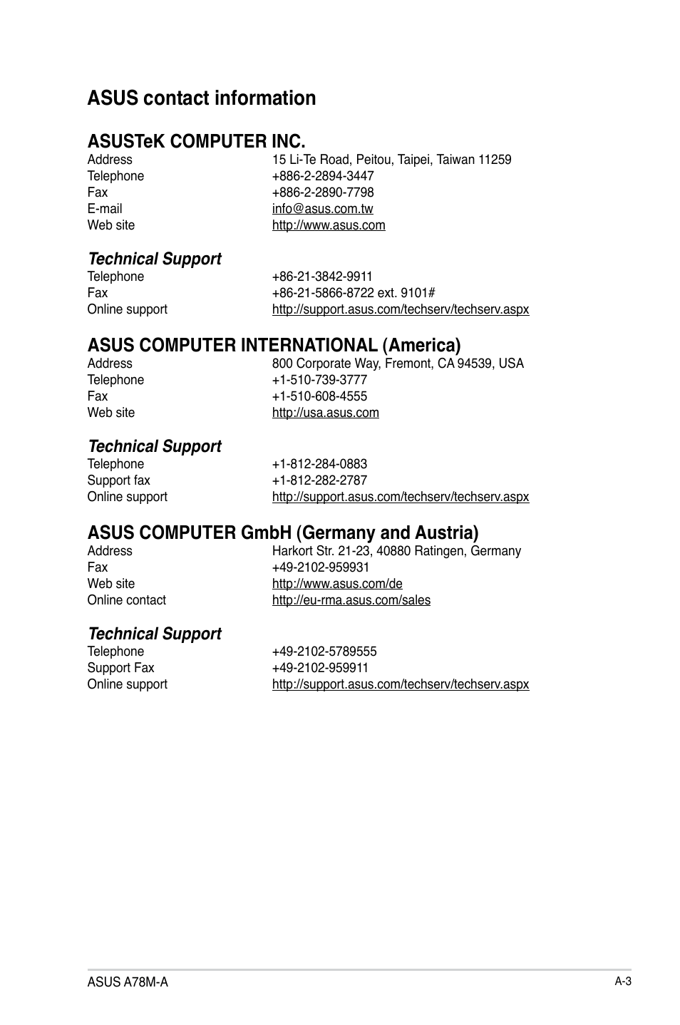 Asus contact information, Asustek computer inc, Asus computer international (america) | Asus computer gmbh (germany and austria), Technical support | Asus A78M-A User Manual | Page 69 / 70