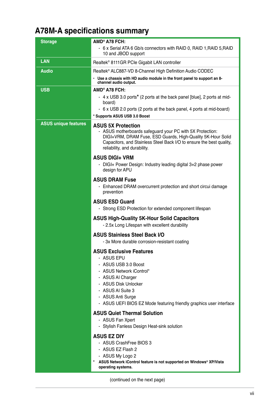 A78m-a specifications summary | Asus A78M-A User Manual | Page 7 / 70