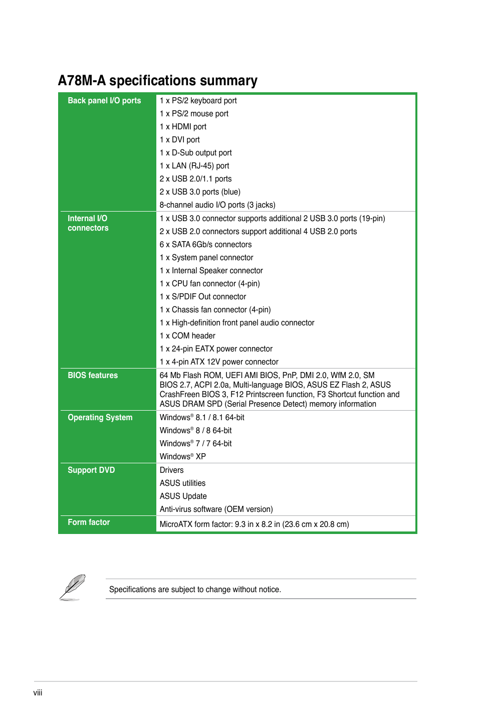 A78m-a specifications summary | Asus A78M-A User Manual | Page 8 / 70