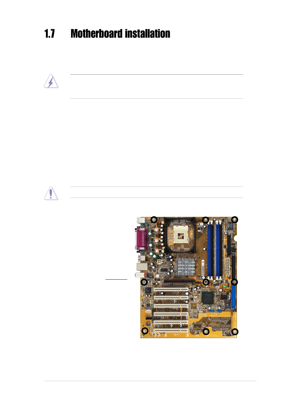 7 motherboard installation, 1 placement direction, 2 screw holes | Asus P4G800-V User Manual | Page 19 / 68