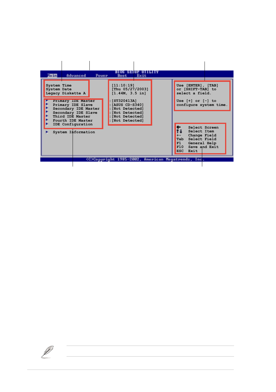 2 menu bar, 1 bios menu screen, 3 navigation keys | Asus P4G800-V User Manual | Page 38 / 68