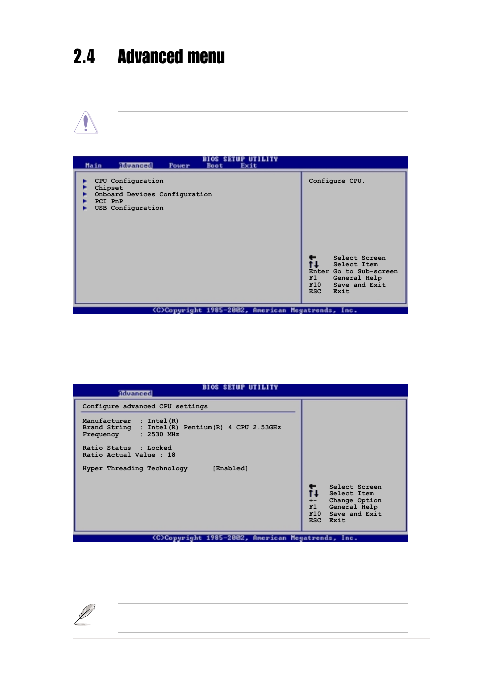 4 advanced menu, 1 cpu configuration, Hyper-threading technology [enabled | Asus P4G800-V User Manual | Page 45 / 68