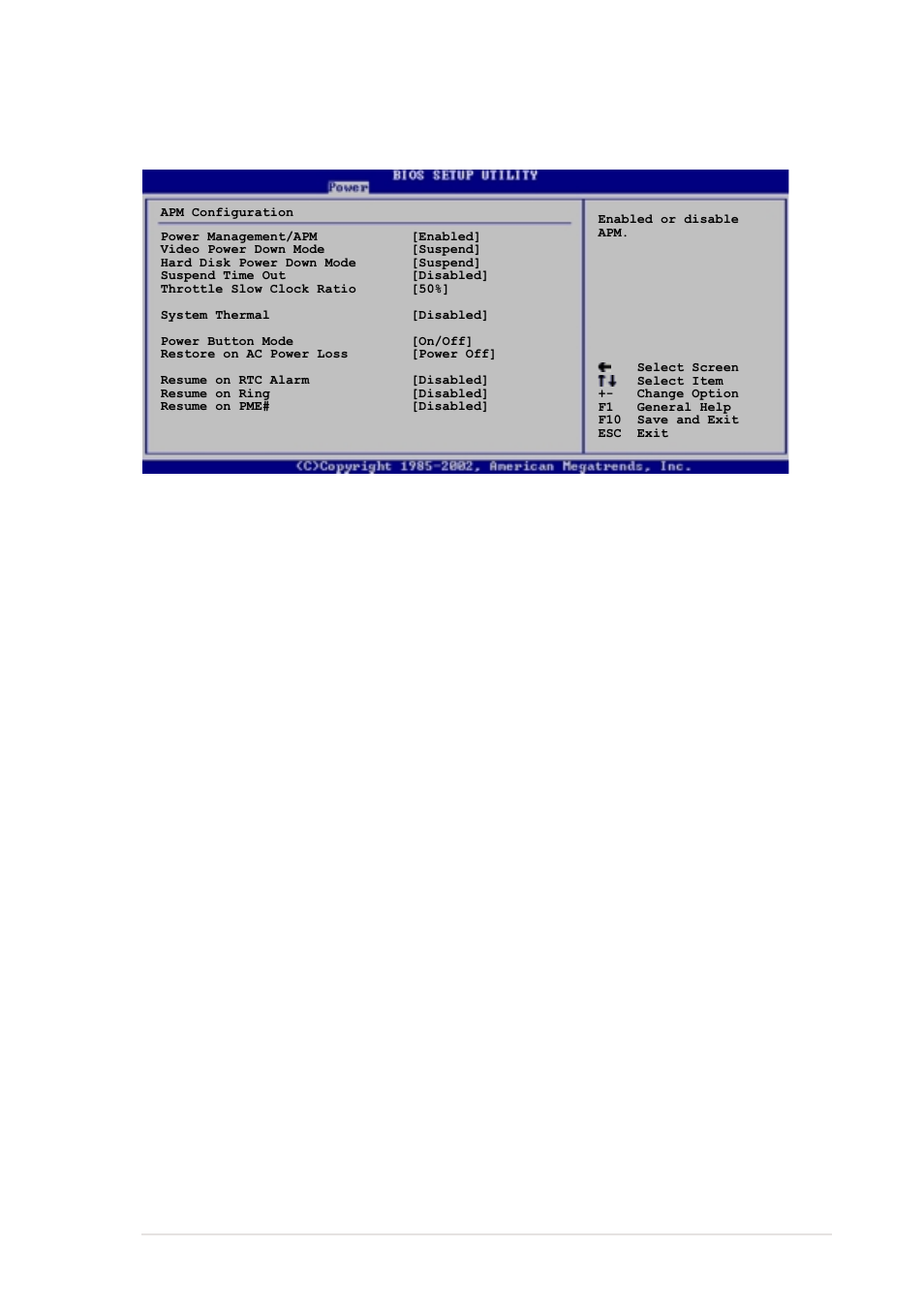 6 apm configuration, Power management/apm [enabled, Video power down mode [suspend | Hard disk power down mode [suspend, Suspend time out [disabled, Throttle slow clock ratio [50, System thermal [disabled | Asus P4G800-V User Manual | Page 55 / 68