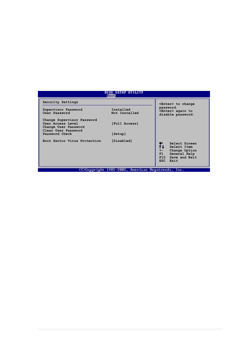 Change the supervisor password, User access level (full access | Asus P4G800-V User Manual | Page 61 / 68