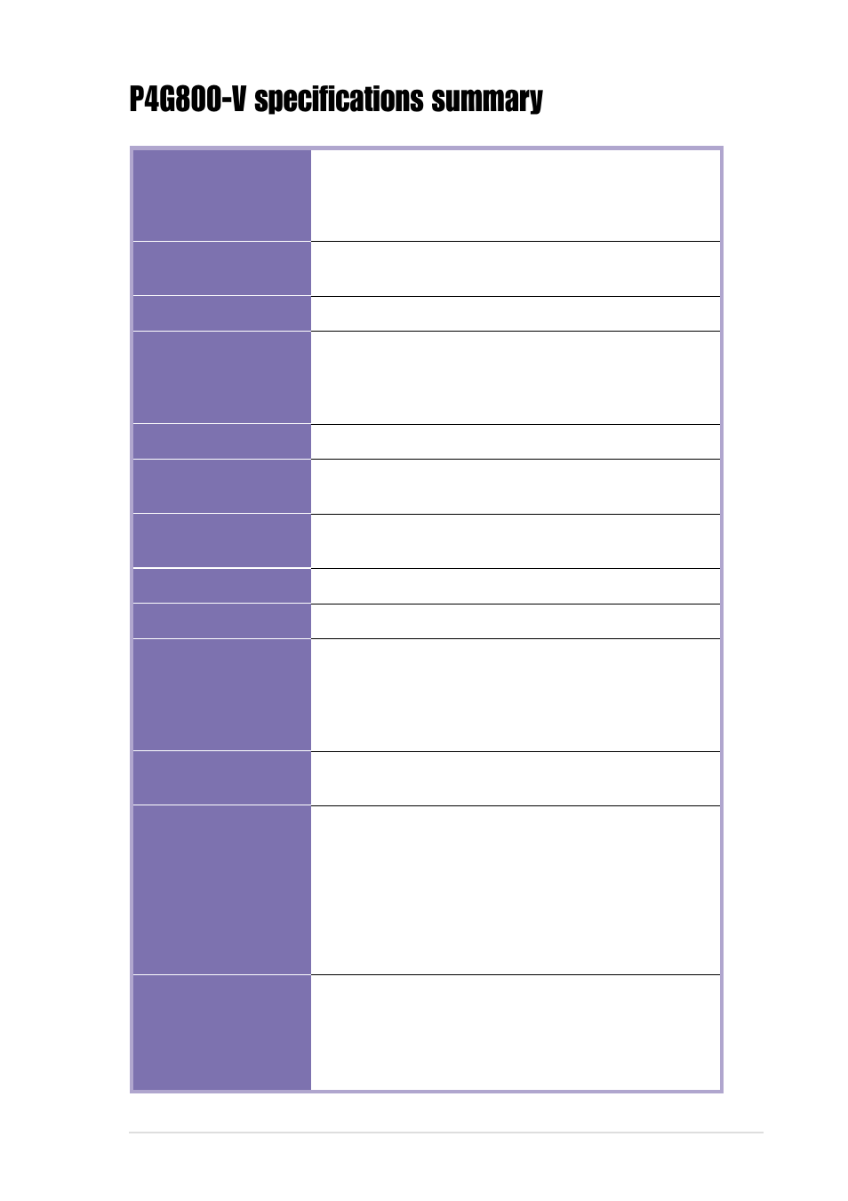P4g800-v specifications summary | Asus P4G800-V User Manual | Page 9 / 68