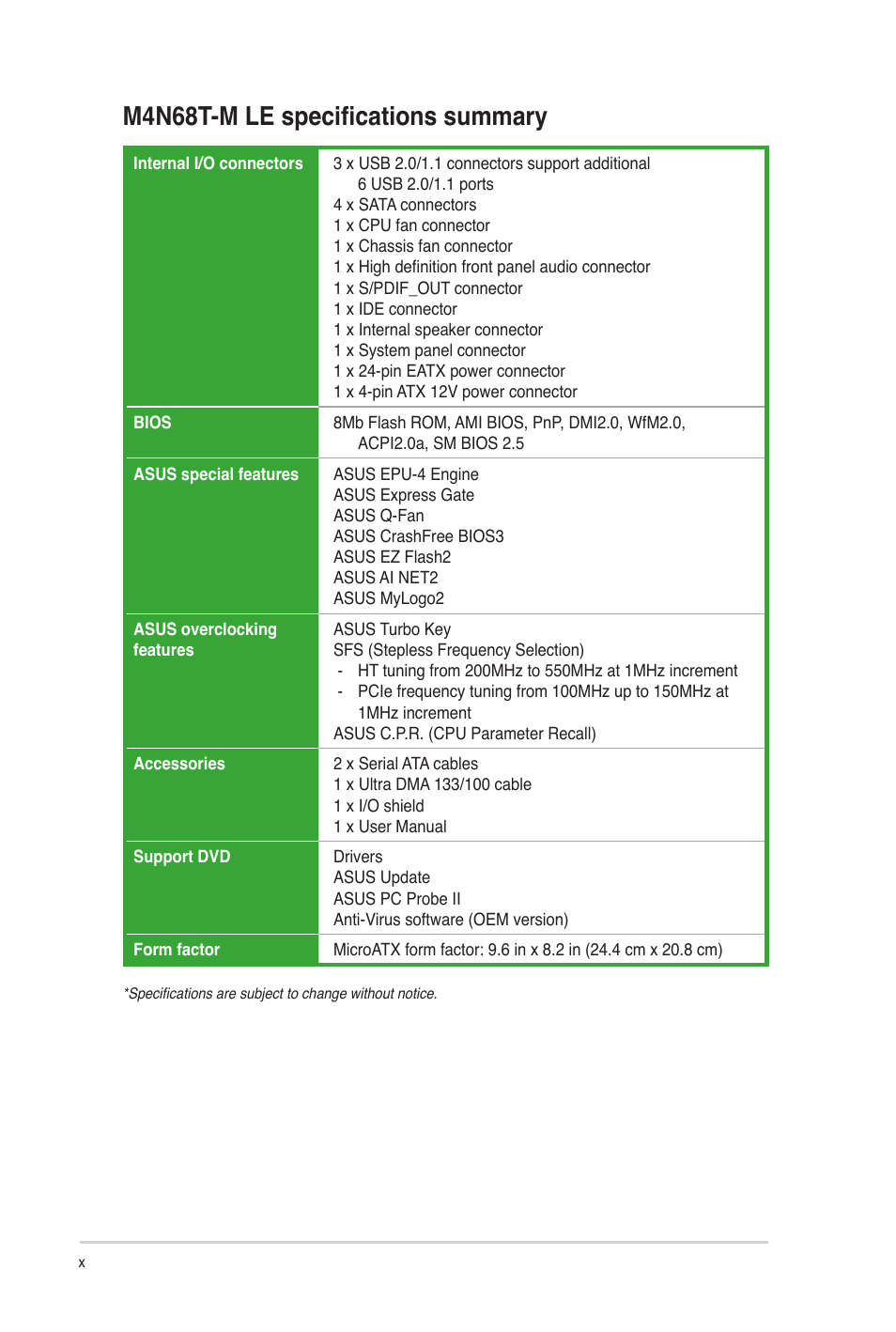 M4n68t-m le specifications summary | Asus M4N68T-M LE User Manual | Page 10 / 62