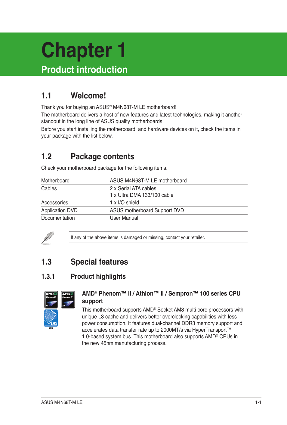 Product introduction, 1 welcome, 2 package contents | 3 special features, 1 product highlights, Welcome! -1, Package contents -1, Special features -1 1.3.1, Product highlights -1, Chapter 1 | Asus M4N68T-M LE User Manual | Page 11 / 62
