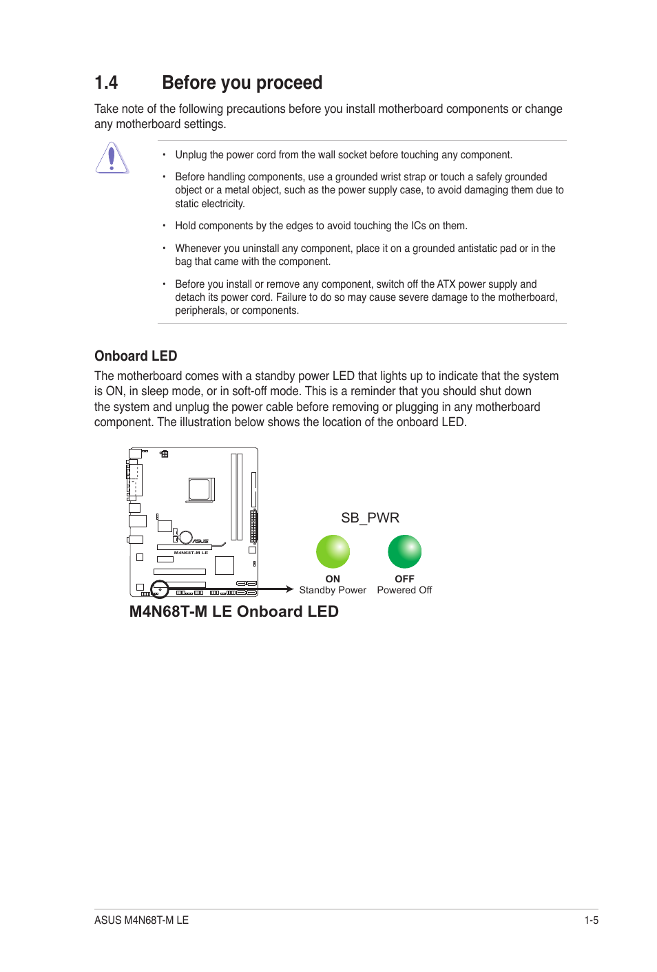 4 before you proceed, Before you proceed -5, M4n68t-m le onboard led | Asus M4N68T-M LE User Manual | Page 15 / 62