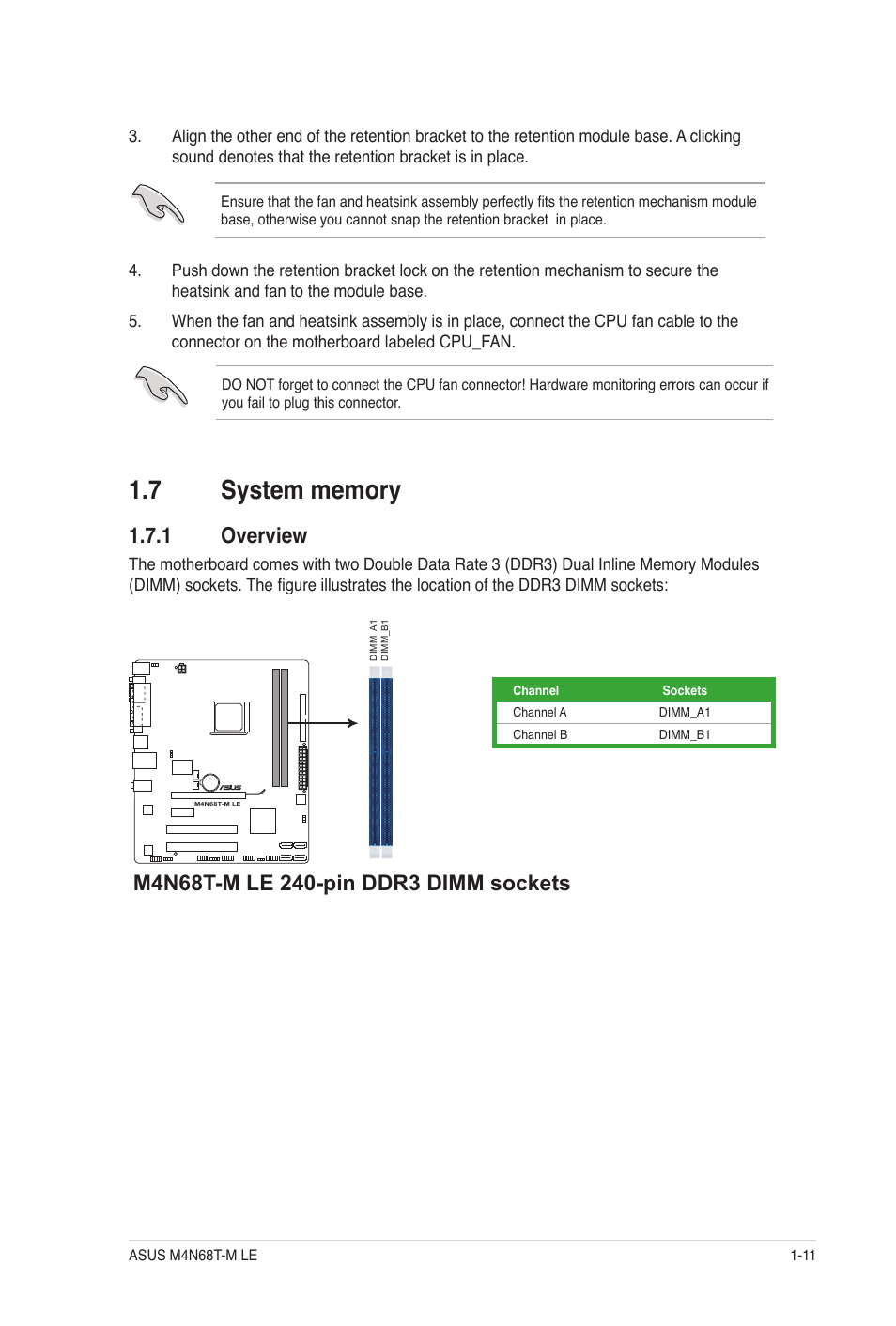 7 system memory, 1 overview, System memory -11 1.7.1 | Overview -11 | Asus M4N68T-M LE User Manual | Page 21 / 62