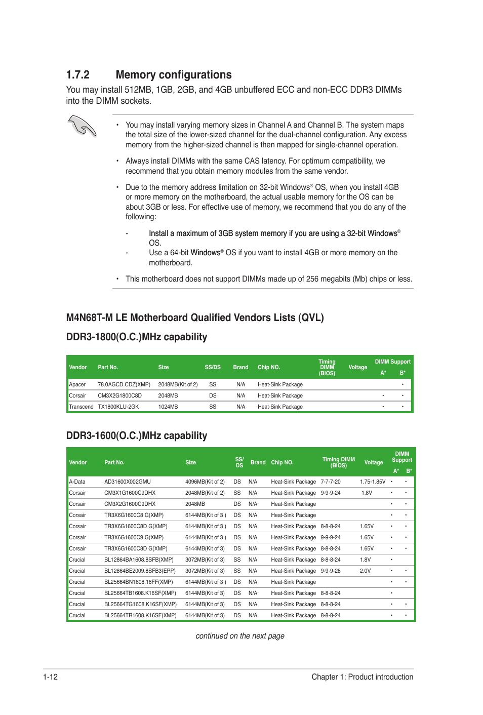 2 memory configurations, Memory configurations -12, Os. - use a 64-bit windows windows | Continued on the next page, Chapter 1: product introduction 1-12 | Asus M4N68T-M LE User Manual | Page 22 / 62