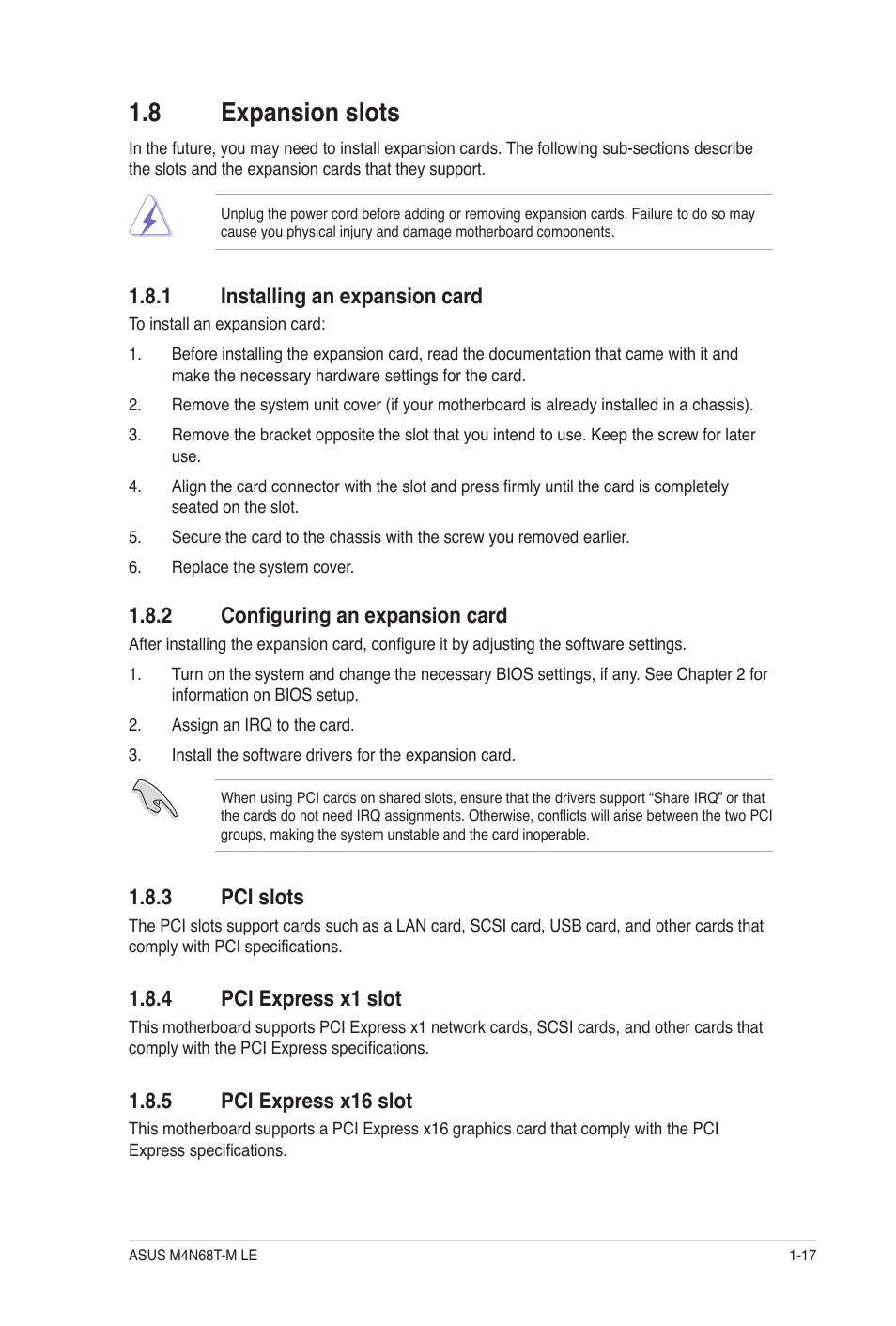 8 expansion slots, 1 installing an expansion card, 2 configuring an expansion card | 3 pci slots, 4 pci express x1 slot, 5 pci express x16 slot, Expansion slots -17 1.8.1, Installing an expansion card -17, Configuring an expansion card -17, Pci slots -17 | Asus M4N68T-M LE User Manual | Page 27 / 62