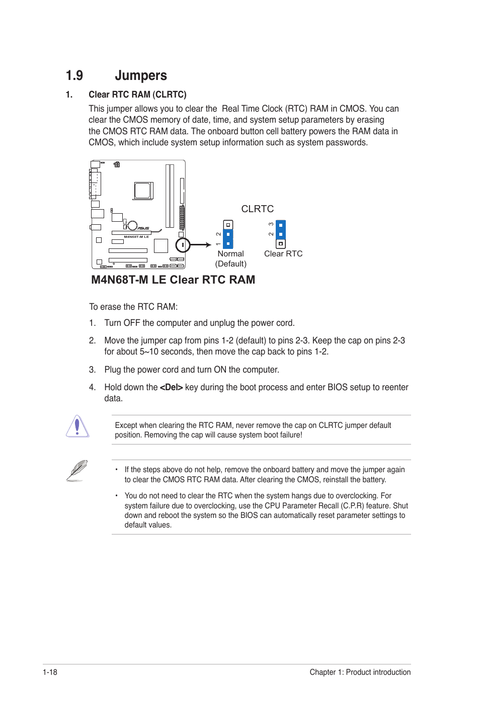 9 jumpers, Jumpers -18, M4n68t-m le clear rtc ram | Asus M4N68T-M LE User Manual | Page 28 / 62