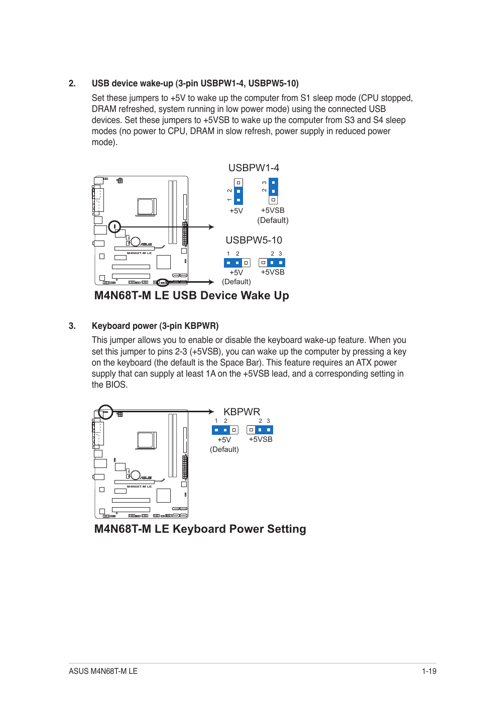 M4n68t-m le usb device wake up, M4n68t-m le keyboard power setting, Usbpw5-10 | Usbpw1-4, Kbpwr | Asus M4N68T-M LE User Manual | Page 29 / 62