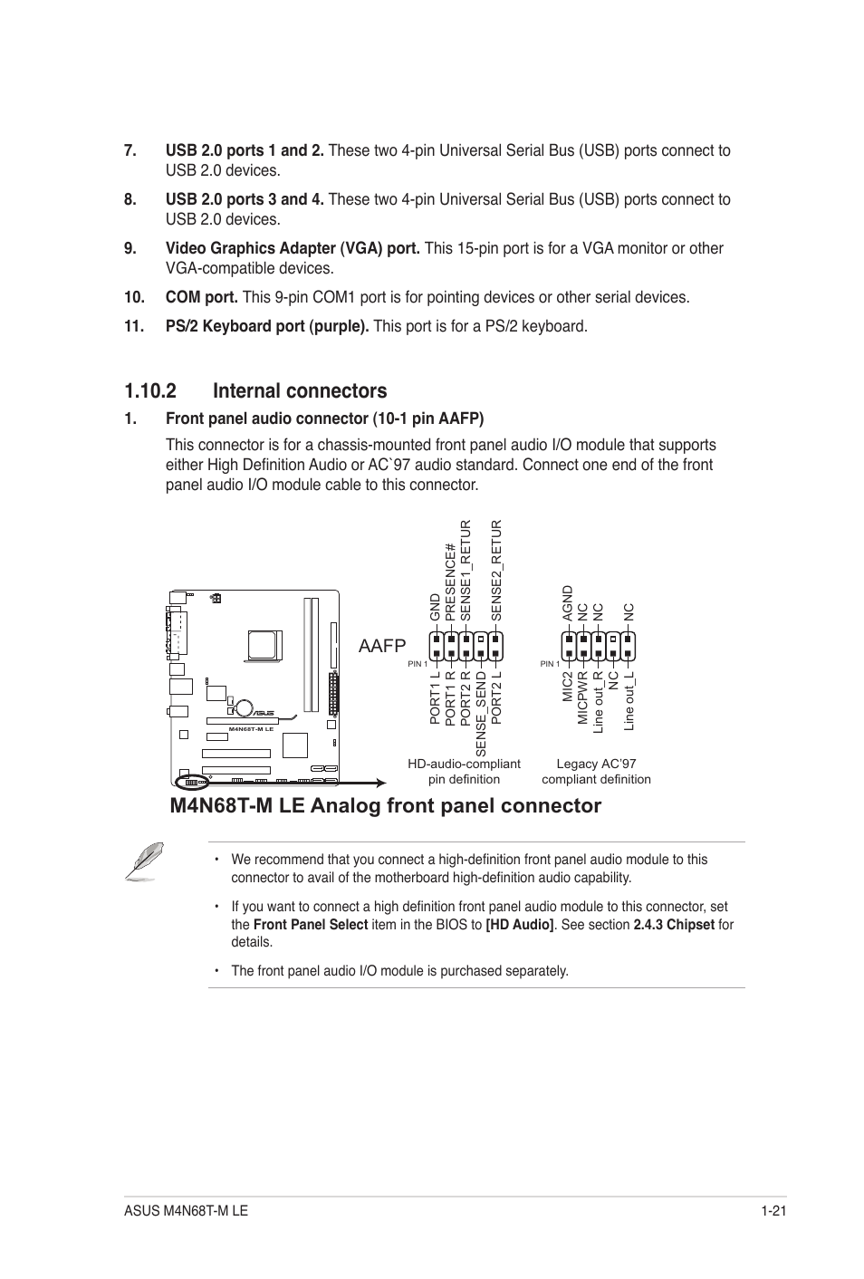 2 internal connectors, 2 internal connectors -21, M4n68t-m le analog front panel connector | Aafp | Asus M4N68T-M LE User Manual | Page 31 / 62