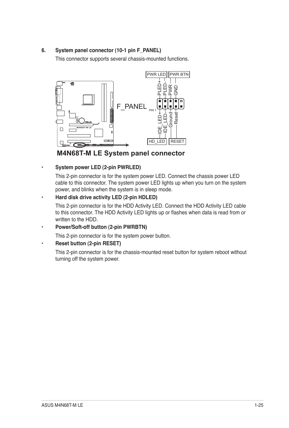 M4n68t-m le system panel connector, F_panel | Asus M4N68T-M LE User Manual | Page 35 / 62