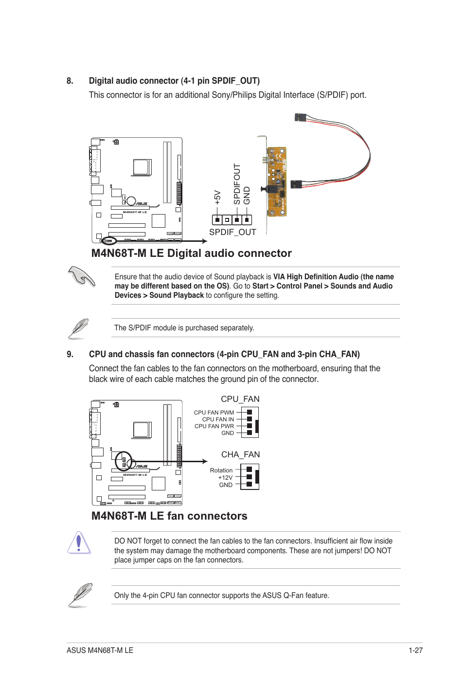 M4n68t-m le digital audio connector, M4n68t-m le fan connectors | Asus M4N68T-M LE User Manual | Page 37 / 62