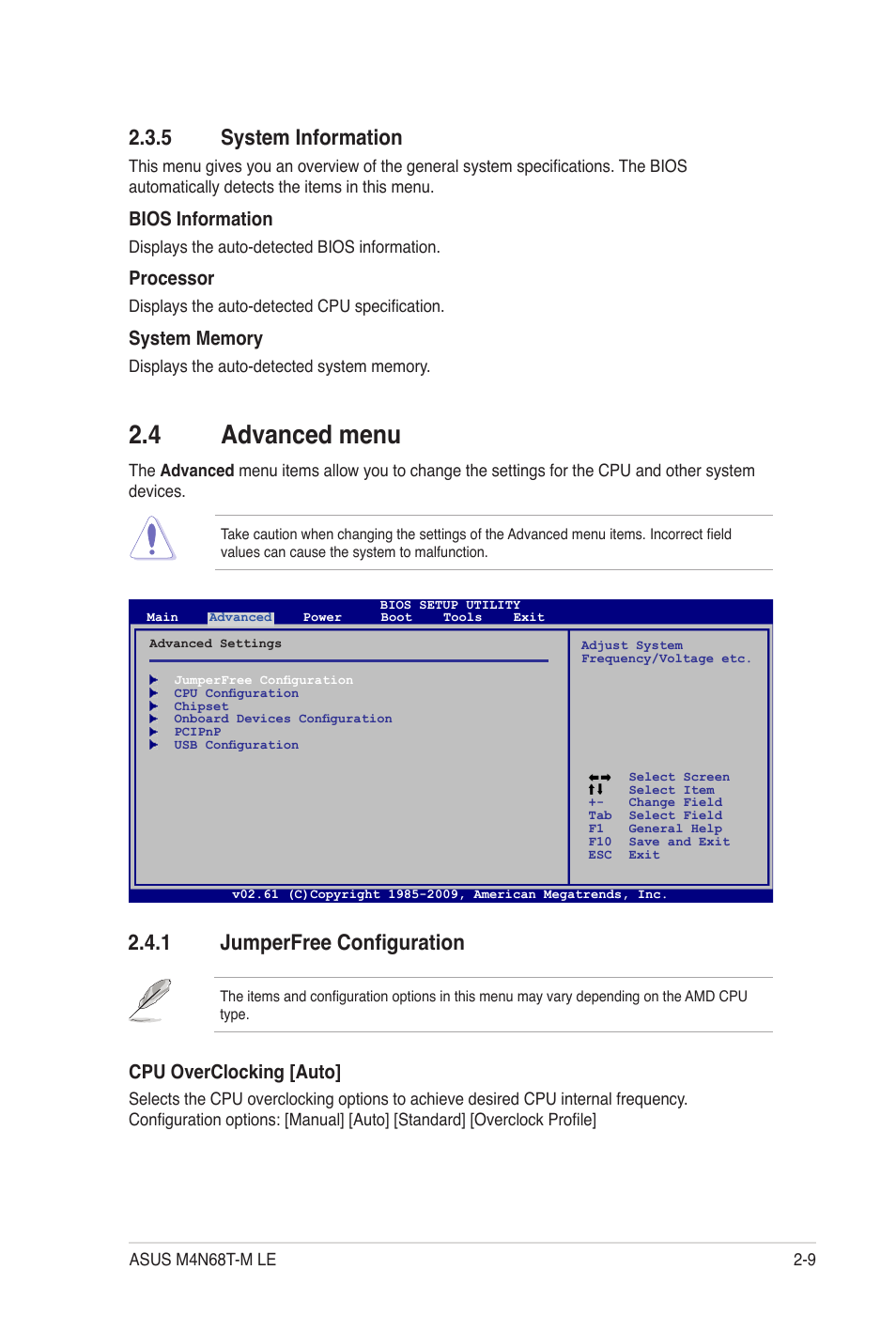 5 system information, 4 advanced menu, 1 jumperfree configuration | System information -9, Advanced menu -9 2.4.1, Jumperfree configuration -9, Bios information, Processor, Cpu overclocking [auto | Asus M4N68T-M LE User Manual | Page 47 / 62